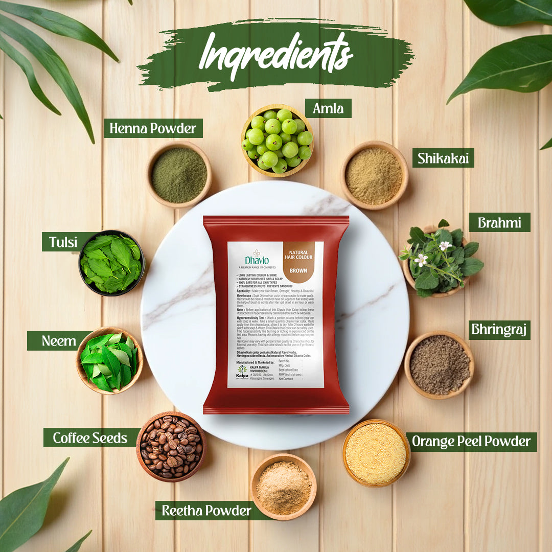 Dhavio Brown Hair Colour ingredients, henna, indigo and coffee