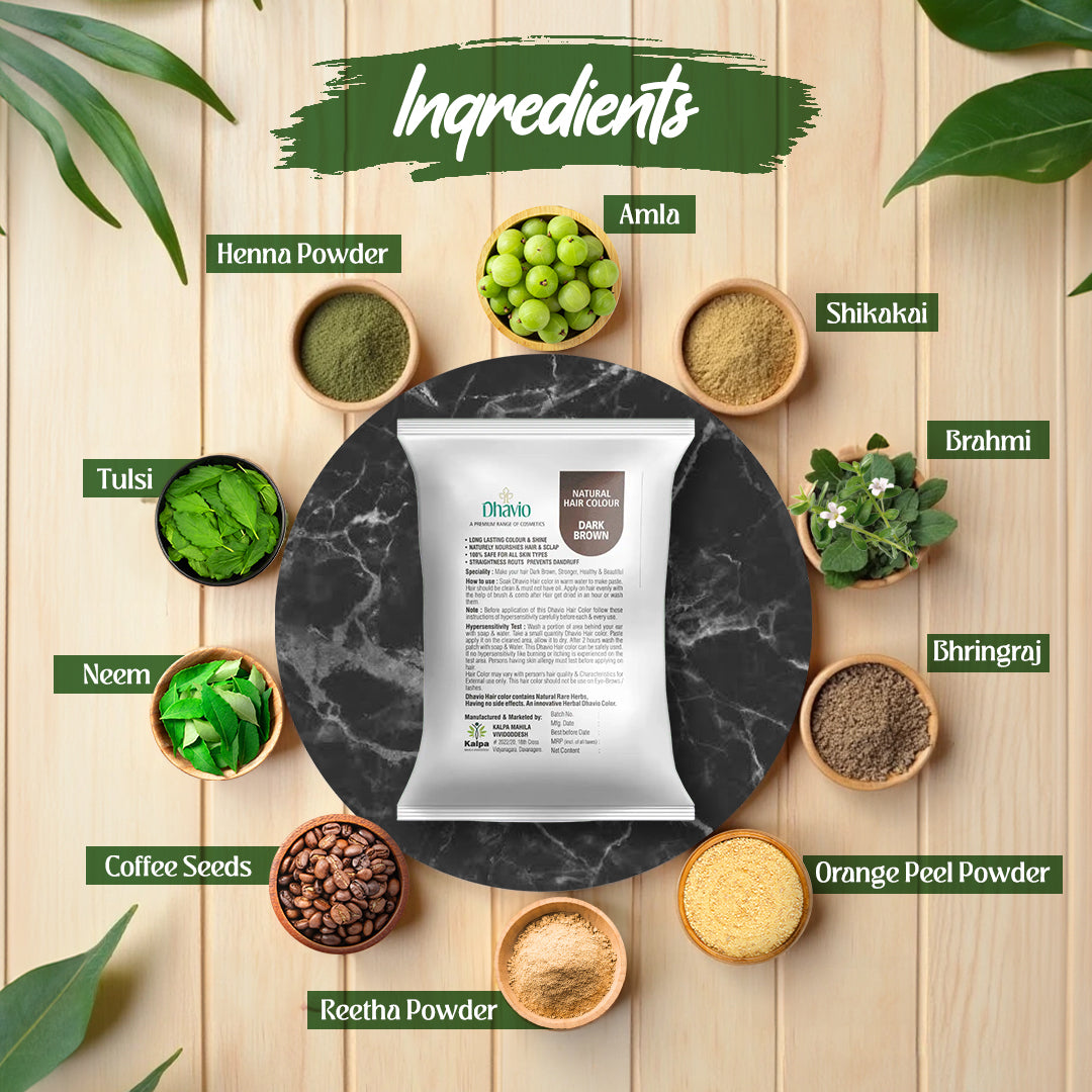 Dhavio Dark Brown Hair Colour ingredients, henna, indigo and coffee